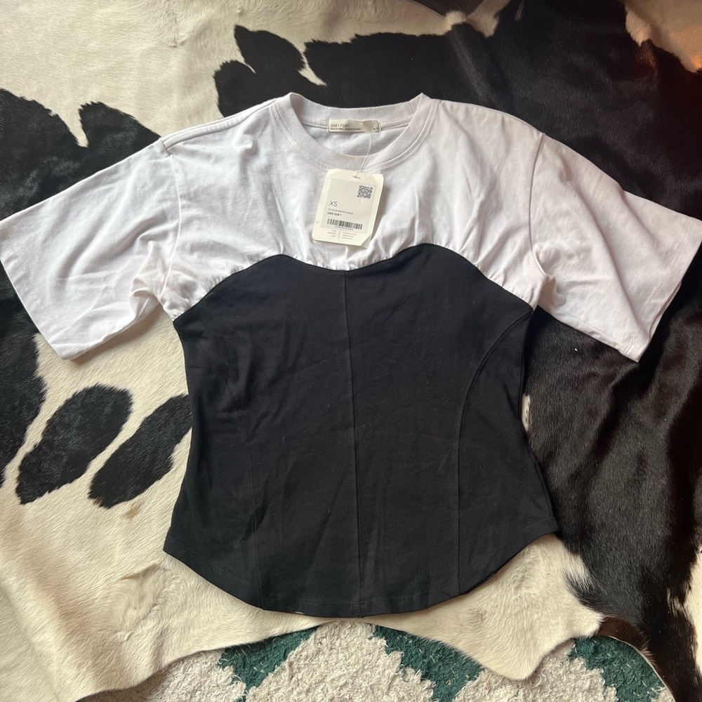 Oak + Fort Black and White Short Sleeve Crew Neck T-shirt with Bustier